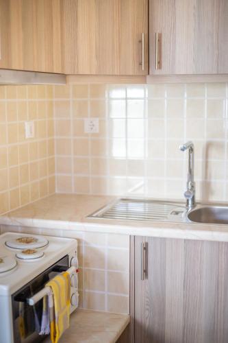 a small kitchen with a stove and a sink at Cosy studio 1 in Stoupa in Stoupa