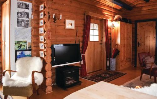 a living room with a television in a log cabin at 1 Bedroom Awesome Home In Tvedestrand in Tvedestrand