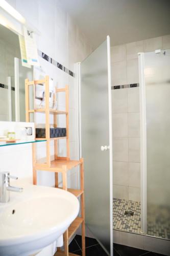 a bathroom with a shower and a sink and a toilet at Hôtel L'Auberge Alsacienne in Eguisheim