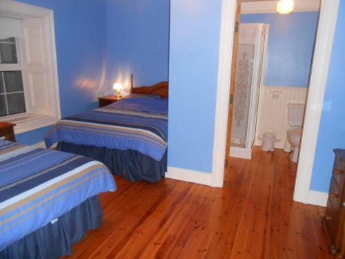 a blue bedroom with two beds and a wooden floor at Dundrum House in Tassagh