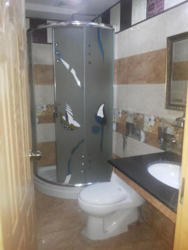 a bathroom with a shower with a toilet and a sink at Hotel The Leschanze in Lahore