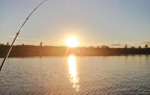 a fishing pole in the water with the sun in the background at Cozy Home In Skillingaryd With Wifi in Nydala