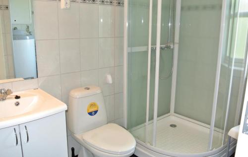 a bathroom with a shower and a toilet and a sink at 3 Bedroom Cozy Home In Hemnes in Vortungen