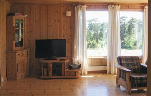 a living room with a television and a chair and a window at Pet Friendly Home In Rygge With House A Panoramic View in Saltnes