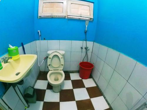 a blue bathroom with a toilet and a sink at Olivia homestay in Banyuwangi