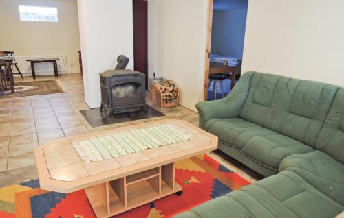 a living room with a couch and a stove at Stunning Home In Lidhult With Lake View in Lidhult