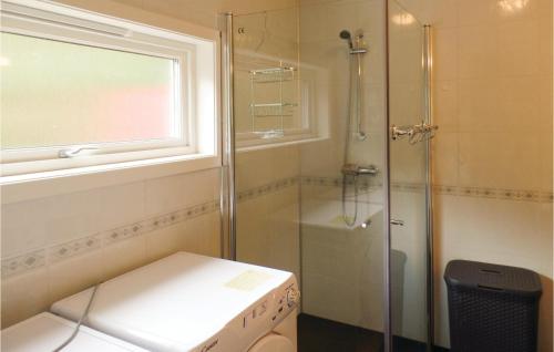 uma casa de banho com um chuveiro, um WC e uma janela. em Stunning Apartment In Lindesnes With Kitchen em Gare