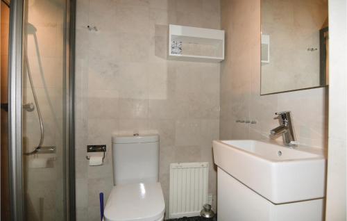 a bathroom with a toilet and a sink and a shower at Beautiful Home In Kyrkesund With Sauna in Kyrkesund