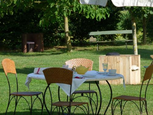 a table and chairs in the grass with a table and chairs at Le Briou in Précy