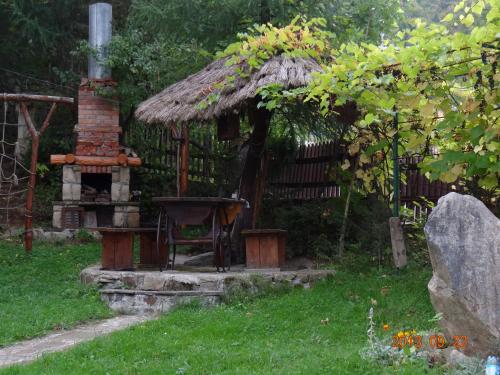 a small hut with a thatch roof and a table at Vatra Hotel in Yaremche