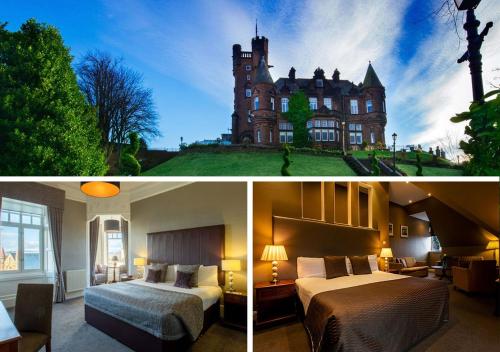 duas fotografias de um quarto de hotel com um castelo em Sherbrooke Castle Hotel em Glasgow