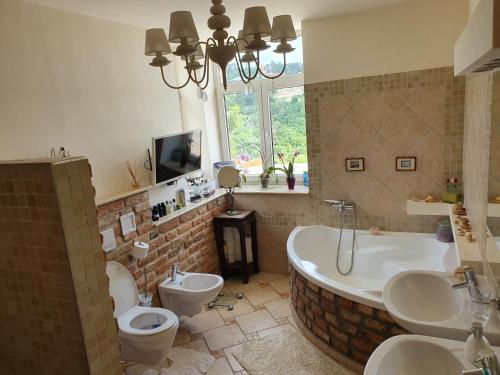 a bathroom with two toilets and a tub and a sink at Virág Wellness Villa in Pécs