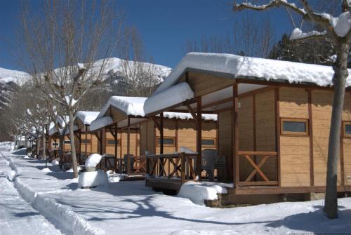 
a cabin in the woods with snow on the ground at Camping L'Espelt in La Pobla de Lillet
