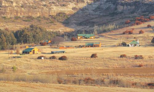 a group of buildings in a field with a hill at Pumula Guest Farm in Fouriesburg