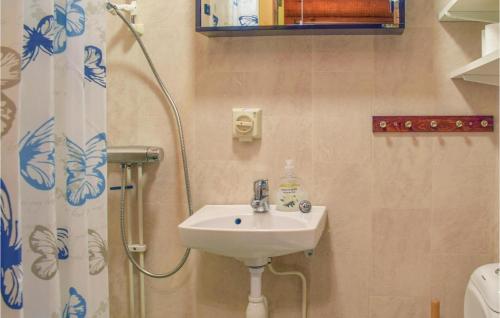 uma casa de banho com um lavatório e um chuveiro em Nice Home In Hgsby With Kitchen em Högsby