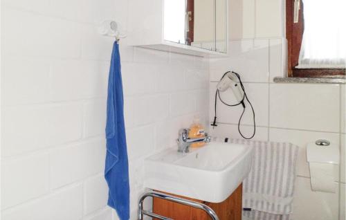 La salle de bains est pourvue d'un lavabo et d'un rideau de douche bleu. dans l'établissement 2 Bedroom Stunning Home In Dautphetal, à Holzhausen
