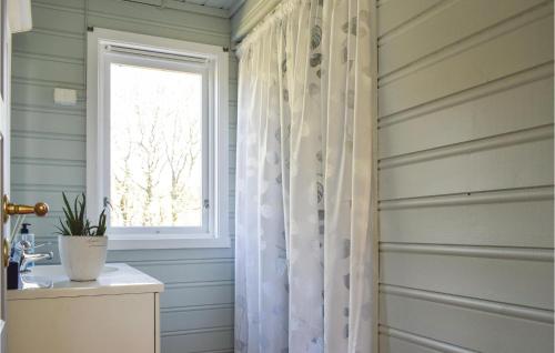 uma casa de banho com uma cortina de chuveiro e uma janela em Nice Home In Lindesnes With Kitchen em Stutsvig