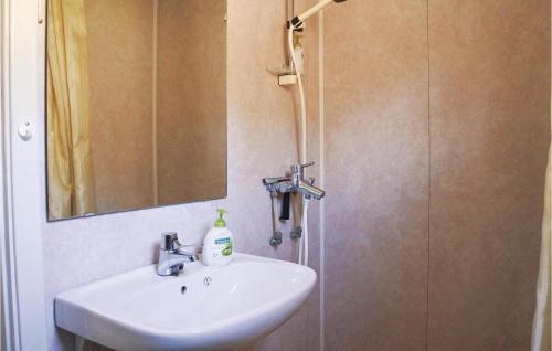 La salle de bains est pourvue d'un lavabo et d'une douche avec un miroir. dans l'établissement Pet Friendly Home In Sannidal With Kitchenette, à Sannidal