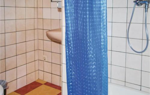 a bathroom with a shower with a blue shower curtain at Beautiful Home In Usedom With Kitchen in Wilhelmshof