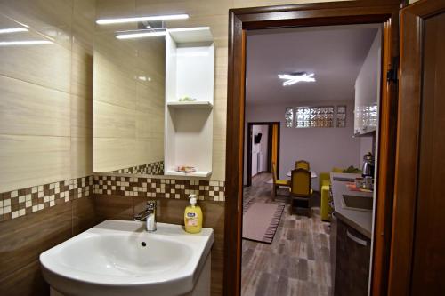een badkamer met een wastafel en een spiegel bij Madini apartment in Velingrad