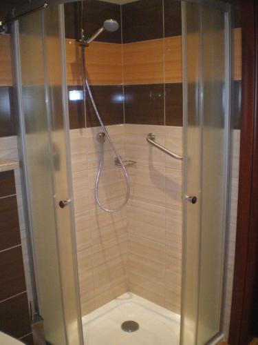 a shower with a glass door in a bathroom at Hotel Texicana in Sulechów