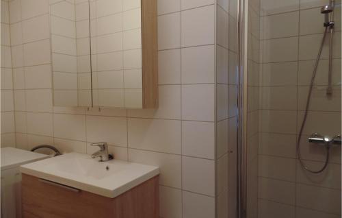 a bathroom with a sink and a shower at Stunning Home In Engerdal With 5 Bedrooms And Internet in Femundsundet