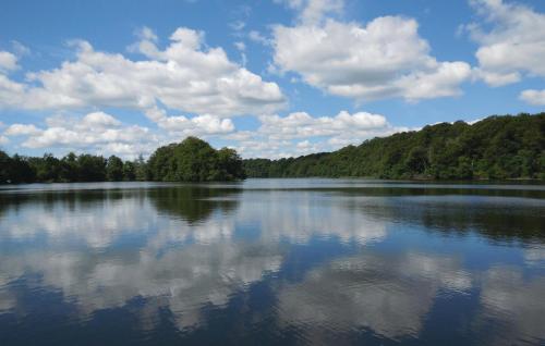 a large lake with trees and clouds in the water at Holiday Home Gärsnäs Xciv in Gärsnäs