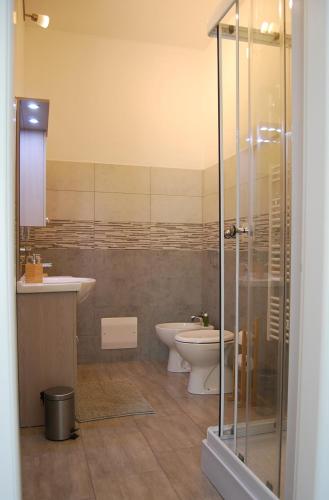a bathroom with a toilet and a sink and a shower at Bergamo Bassa in Bergamo