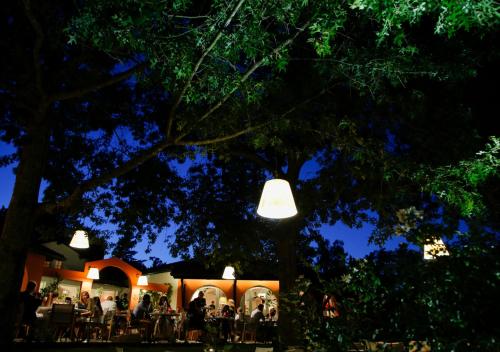 a group of people sitting at tables under trees at night at Hôtel Les Frères Ibarboure in Bidart