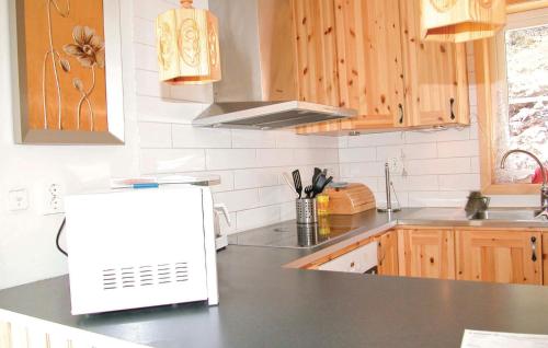 a kitchen with a white refrigerator on a counter at Beautiful Home In Sörsjön With Sauna in Lindvallen