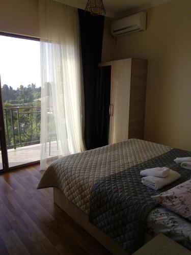 a bedroom with a bed and a large window at Iberia 2019 in Batumi