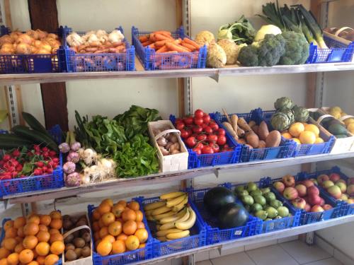 a display of fruits and vegetables in blue baskets at Gite du Marché d'Elsa in Kilstett
