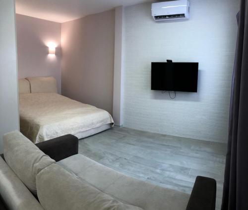 ein Wohnzimmer mit einem Sofa und einem TV an der Wand in der Unterkunft Люстдорфская дорога , квартира-студия in Odessa