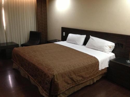 1 dormitorio con 1 cama grande y 1 silla en Hotel Amazonas, en Ciudad de México
