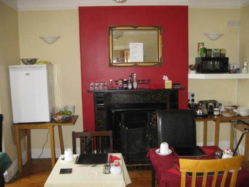 a living room with a red wall and a fireplace at Dun Aoibhinn Guest Accommodation in Galway
