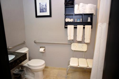a bathroom with a white toilet and towels at Comfort Inn & Suites Carrollton in Carrollton