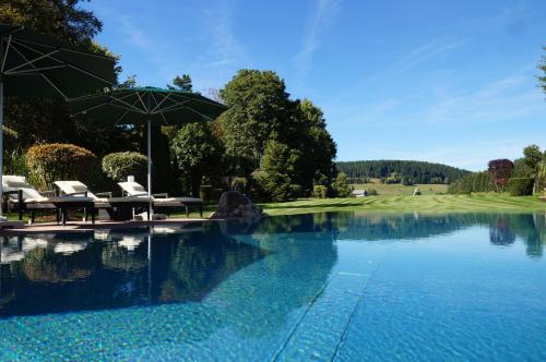 - une piscine avec 2 chaises et un parasol dans l'établissement Parkhotel Flora am Schluchsee, à Schluchsee