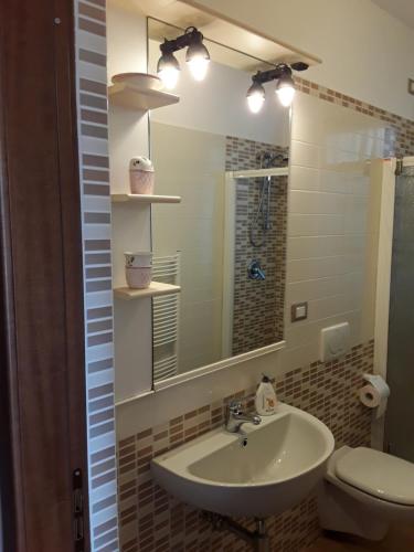 a bathroom with a sink and a toilet and a mirror at G&G1 Appartamento con giardino privato in Nonio