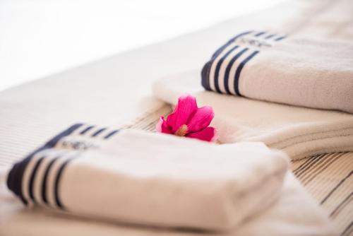 un fiore rosa seduto sopra alcuni asciugamani di Apartments Insula Aurea a Klimno