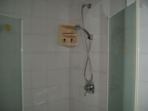 a shower with a shower head in a bathroom at Albergo Luca in Ivrea