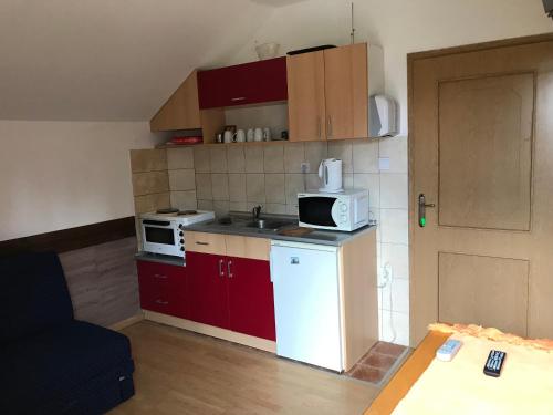 a small kitchen with a sink and a microwave at Vila Zlatarka in Nova Varoš