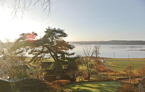 a tree on the side of a house next to a lake at Rodebo in Ljungskile