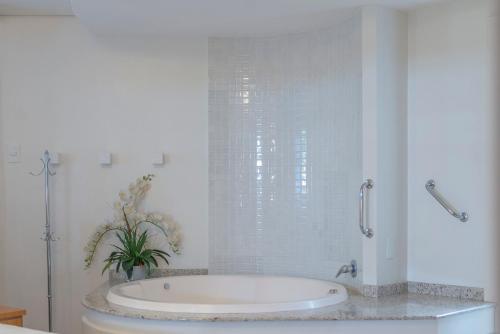a white bathroom with a tub and a plant at Hotel Glória Blumenau in Blumenau