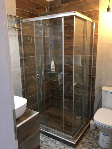 a bathroom with a glass shower with a toilet at Happy Family in Skala Kallirachis