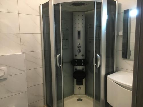 a shower with a glass door in a bathroom at Royal Apartments & Rooms in Zagreb