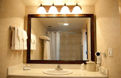 baño con lavabo y espejo grande en Ruidoso Mountain Inn en Ruidoso