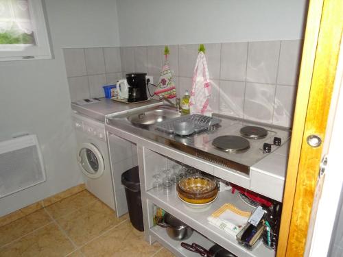 a small kitchen with a stove and a sink at Tiny-house in Wihr-au-Val