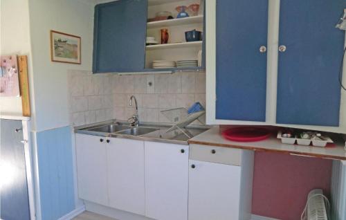 a kitchen with blue cabinets and a sink at Awesome Home In Lttorp With Kitchen in Löttorp