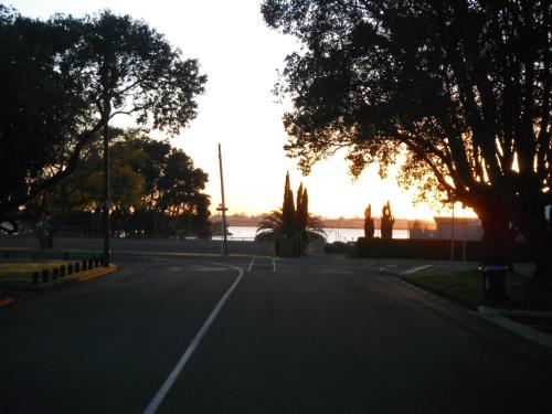 an empty street with trees and the sunset in the background at Roselands Motel in Tauranga