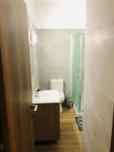 La salle de bains est pourvue d'un lavabo blanc et de toilettes. dans l'établissement Paphos Gardens-Apt suite, à Paphos
